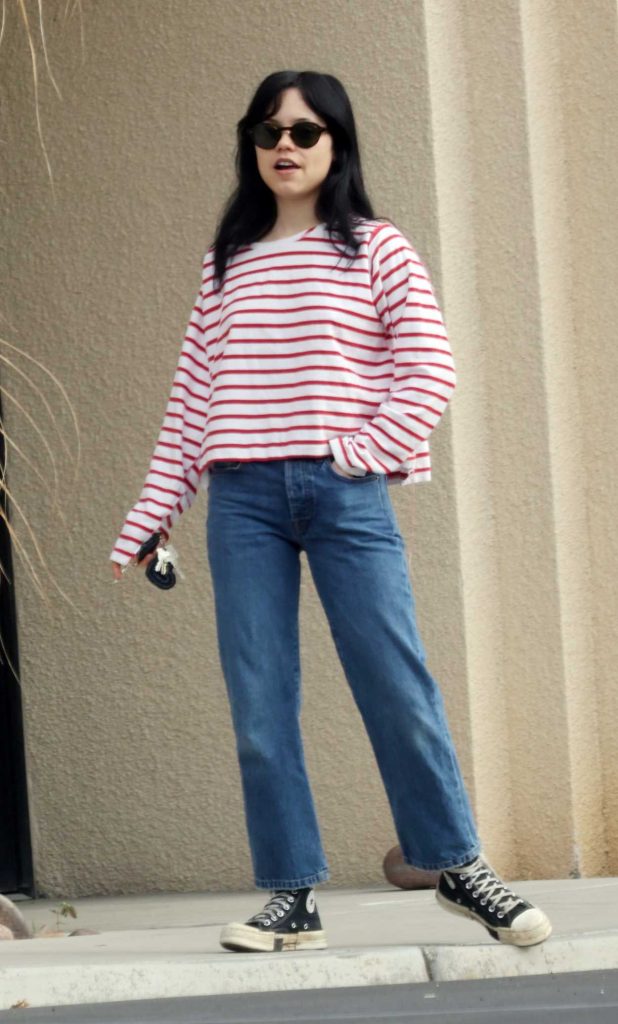 Jenna Ortega in a Striped Long Sleeves T-Shirt