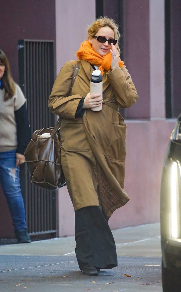 Jennifer Lawrence in a Caramel Coloured Coat