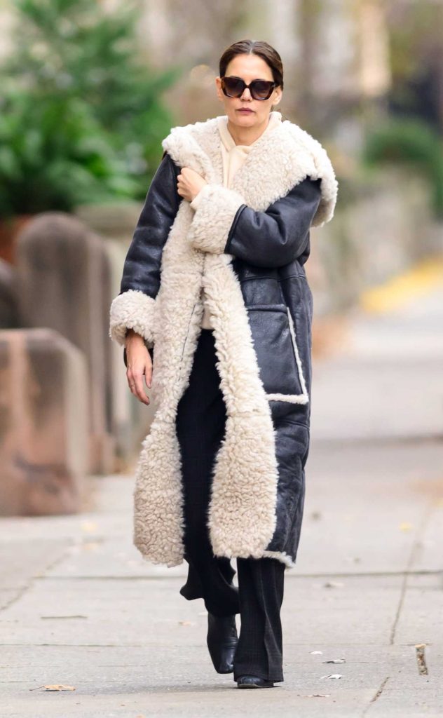 Katie Holmes in a Black Sheepskin Coat