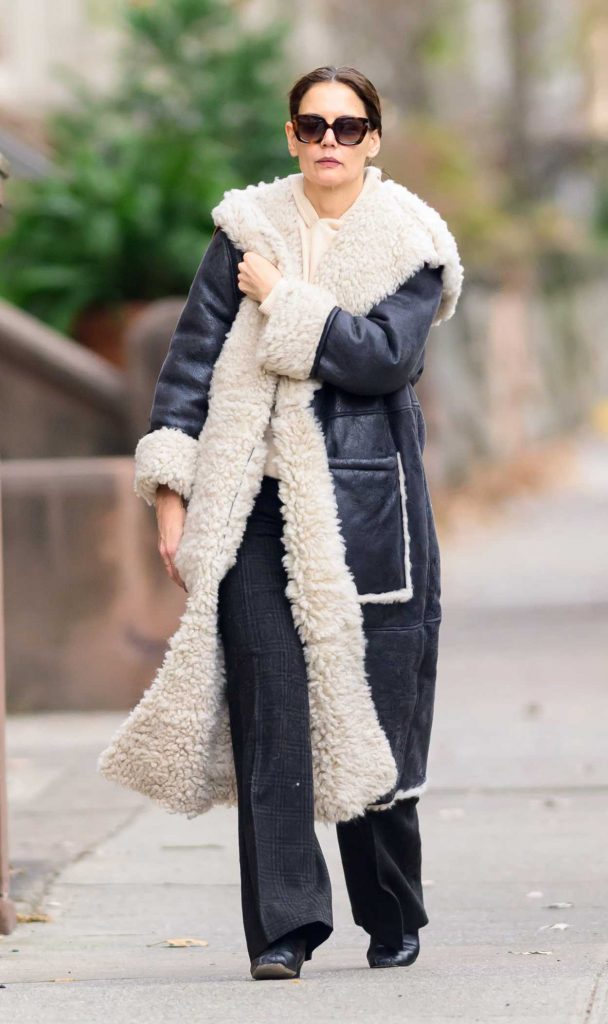 Katie Holmes in a Black Sheepskin Coat