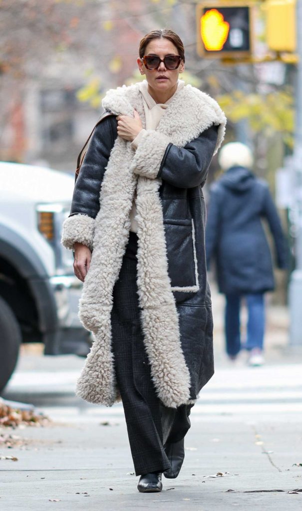 Katie Holmes in a Black Sheepskin Coat