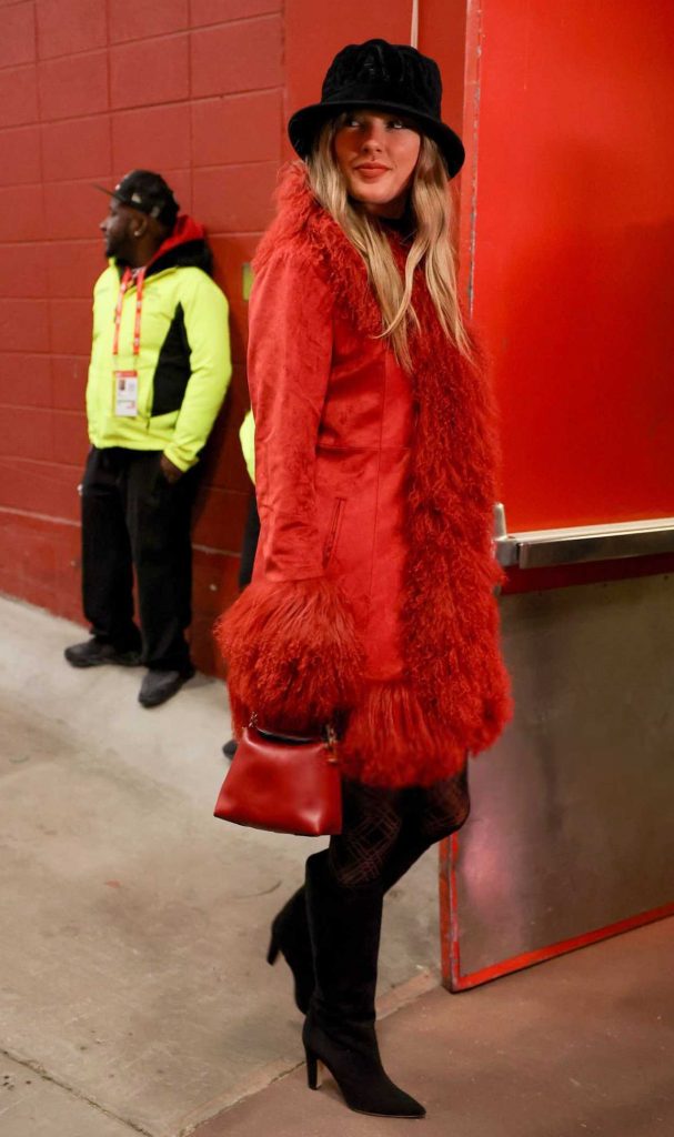 Taylor Swift in a Red Sheepskin Coat