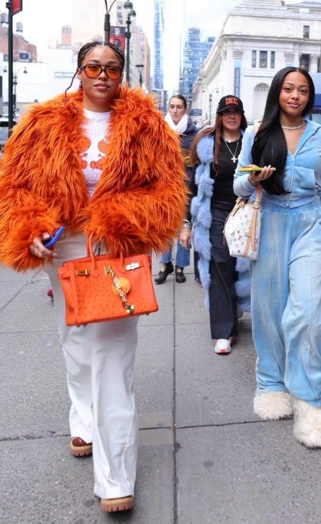 Jordyn Woods in an Orange Fur Jacket