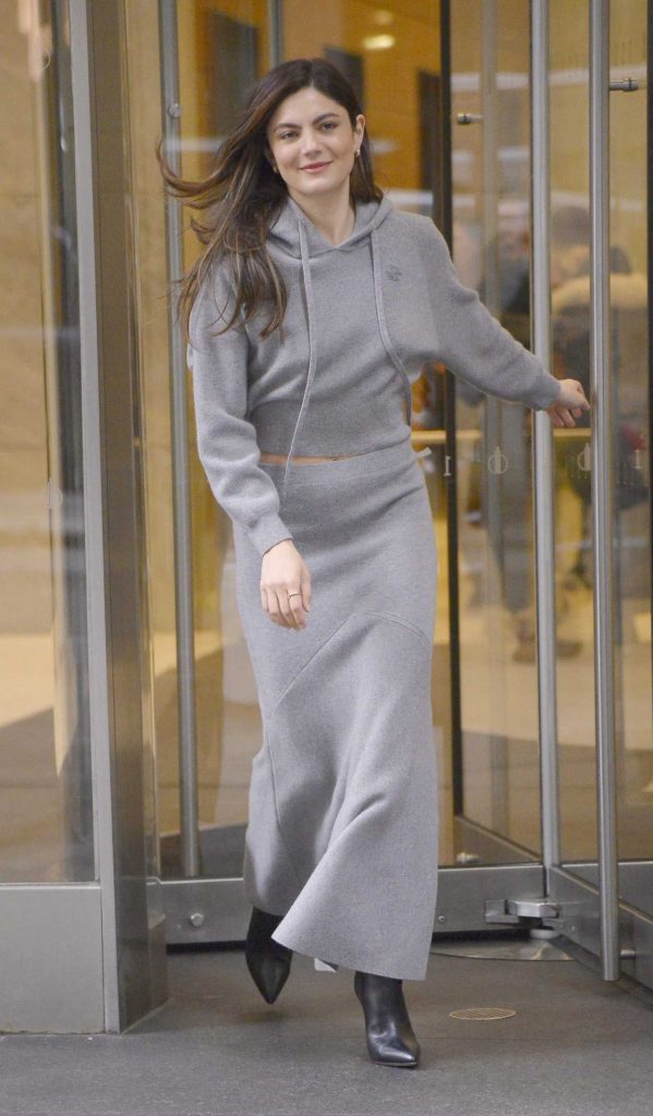 Monica Barbaro in a Grey Ensemble