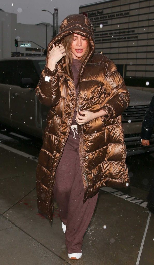 Sofia Vergara in a Tan Puffer Coat