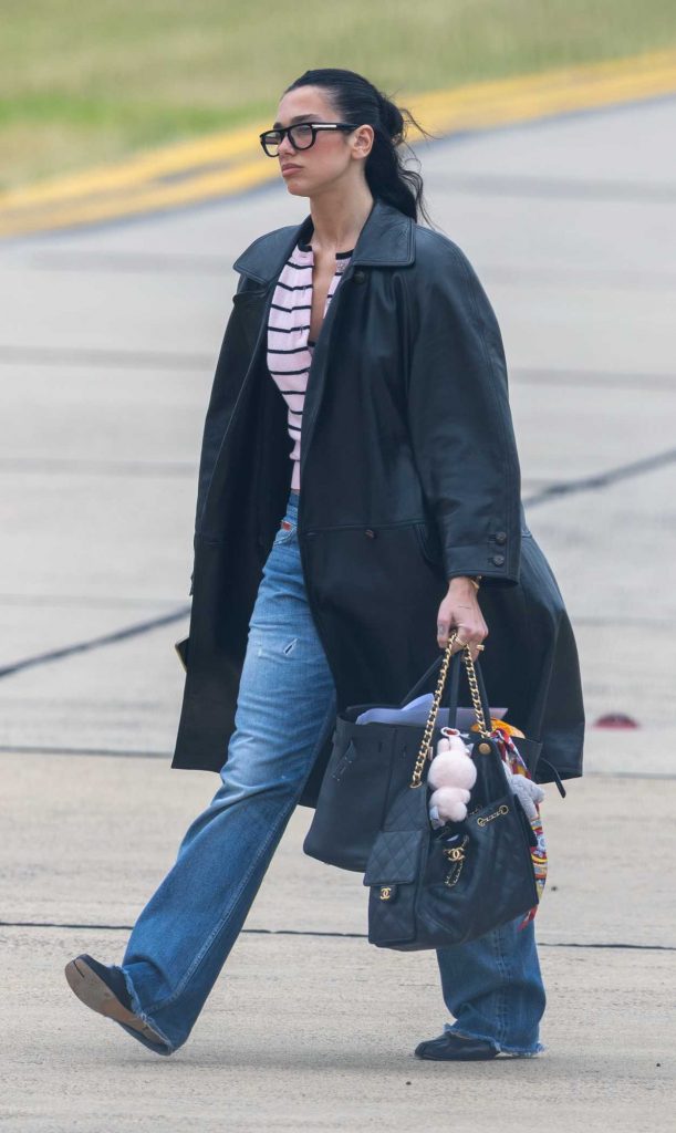 Dua Lipa in a Black Leather Coat