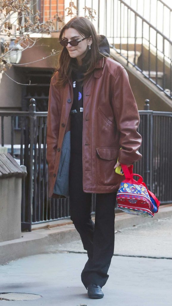 Emily Ratajkowski in a Burgundy Leather Jacket