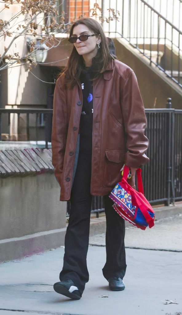 Emily Ratajkowski in a Burgundy Leather Jacket