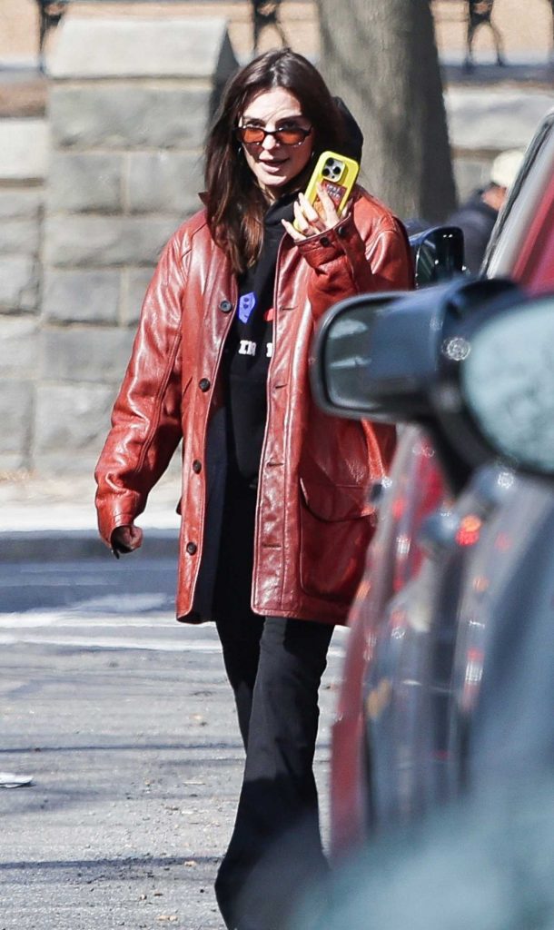 Emily Ratajkowski in a Burgundy Leather Jacket