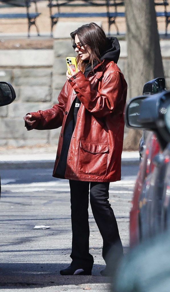 Emily Ratajkowski in a Burgundy Leather Jacket