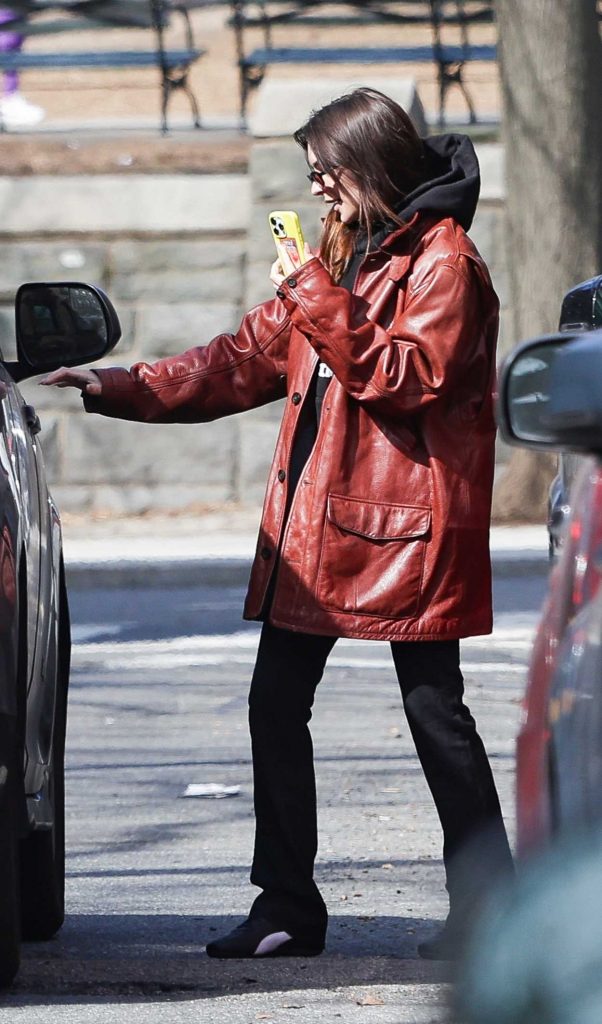 Emily Ratajkowski in a Burgundy Leather Jacket