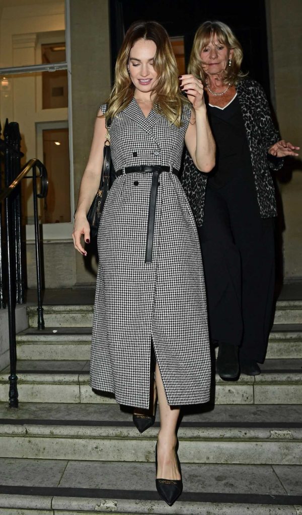 Lily James in a Houndstooth Patterned Dress