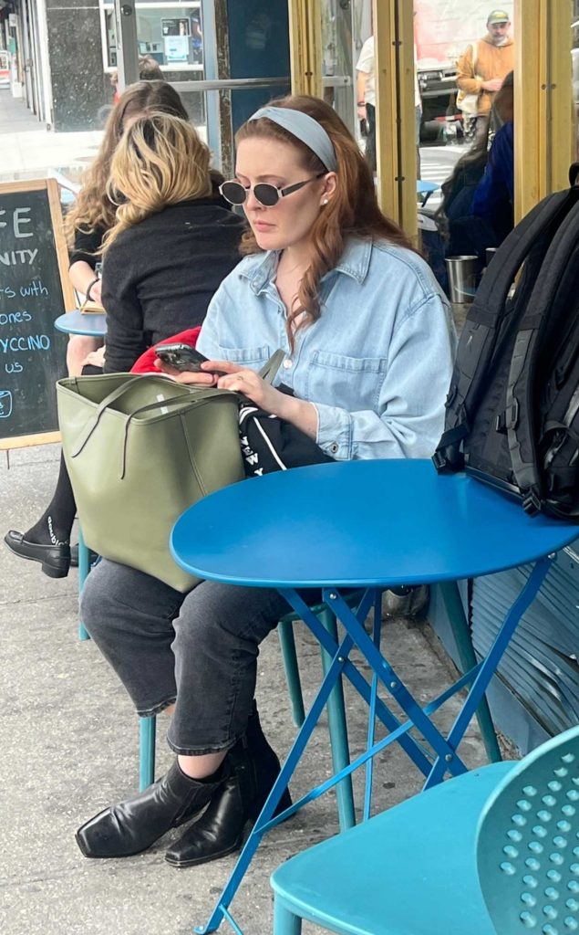 Drew Barrymore in a Blue Denim Shirt