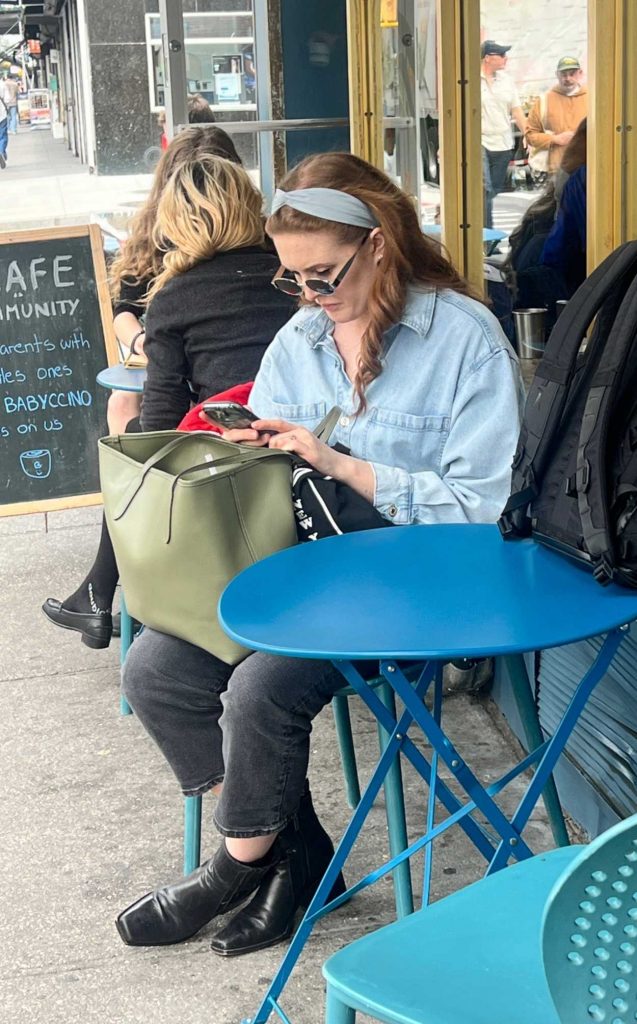 Drew Barrymore in a Blue Denim Shirt