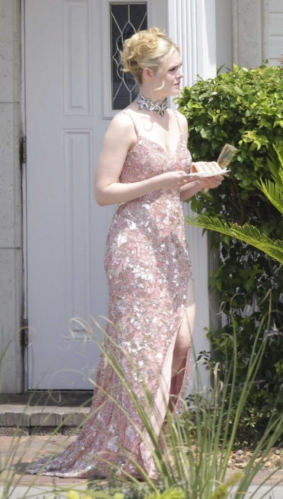 Elle Fanning in a Pink Lace Dress