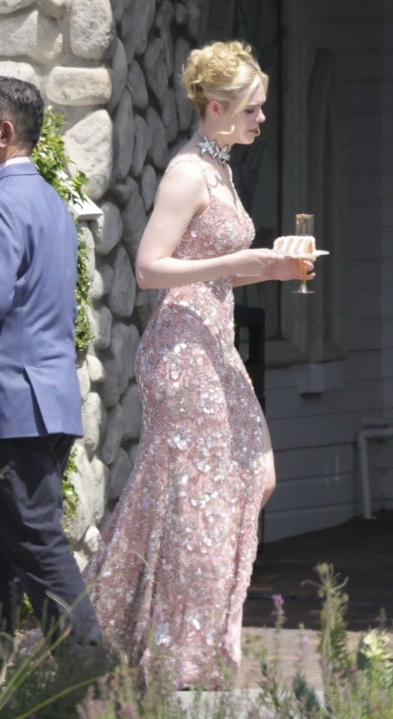 Elle Fanning in a Pink Lace Dress