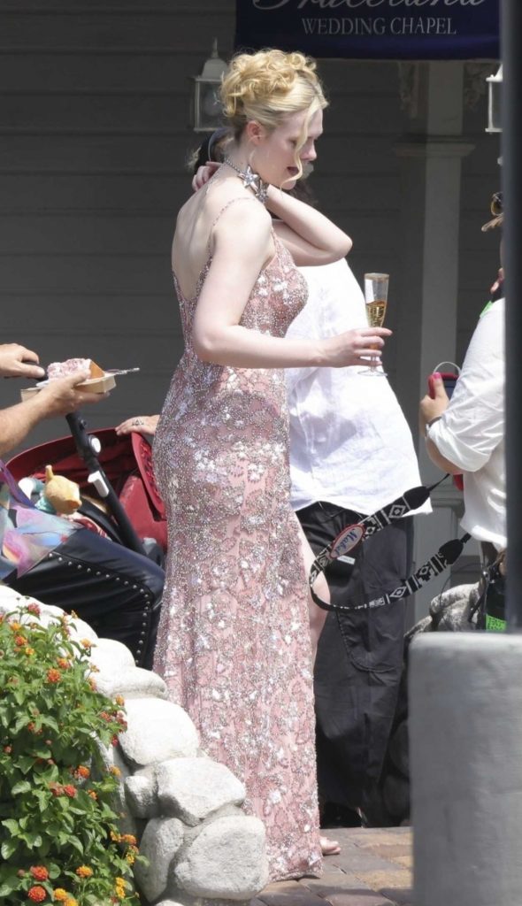 Elle Fanning in a Pink Lace Dress