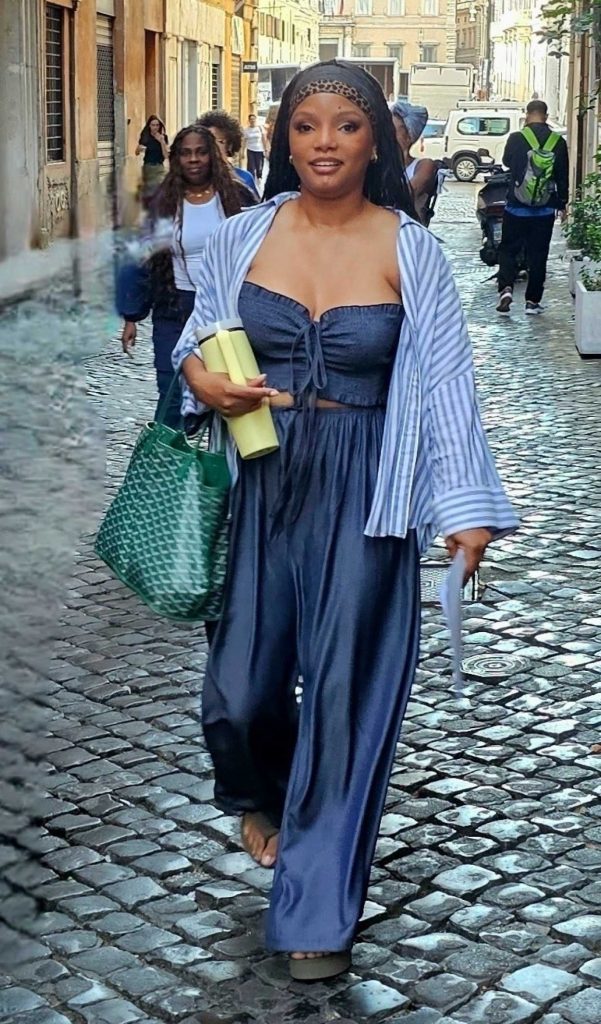 Halle Bailey in a Striped Shirt