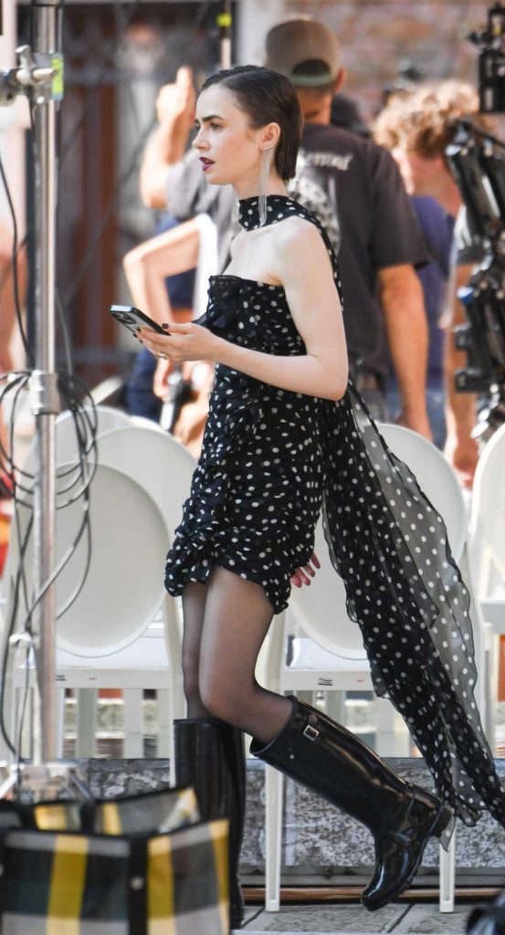 Lily Collins in a Black Polka Dot Dress