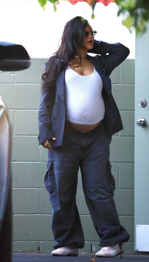 Rihanna in a Blue Pinstriped Blazer