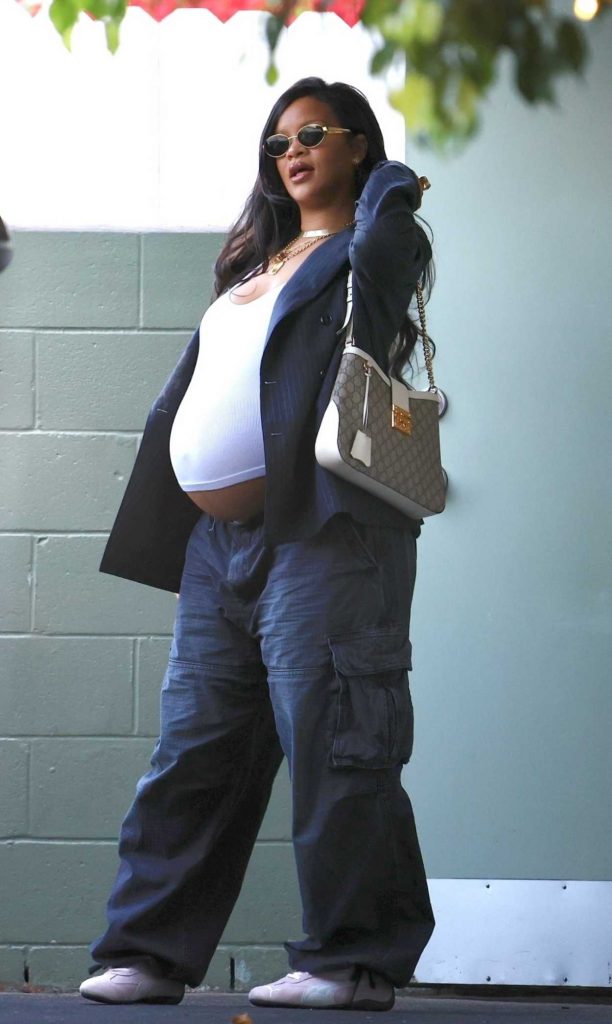 Rihanna in a Blue Pinstriped Blazer