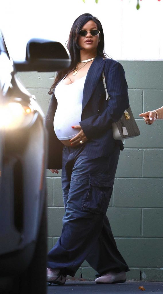 Rihanna in a Blue Pinstriped Blazer