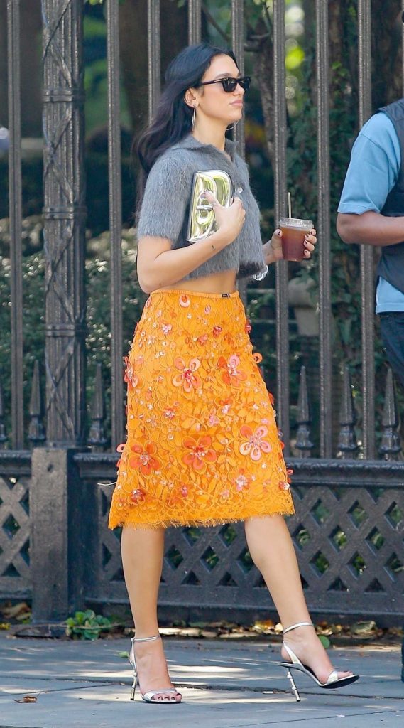 Dua Lipa in an Orange Gucci Floral Skirt