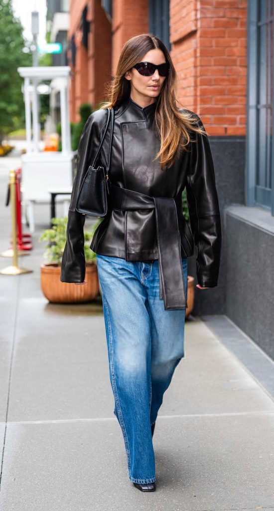 Lily Aldridge in a Black Leather Jacket