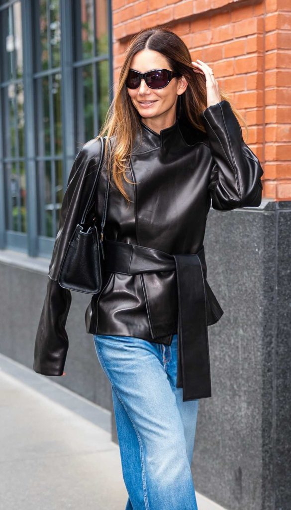 Lily Aldridge in a Black Leather Jacket