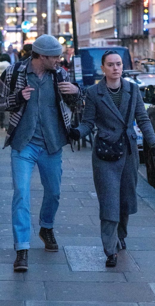 Daisy Ridley in a Grey Plaid Coat