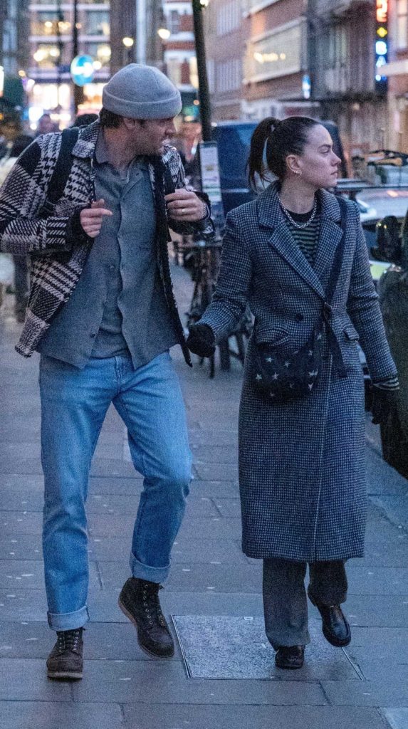 Daisy Ridley in a Grey Plaid Coat