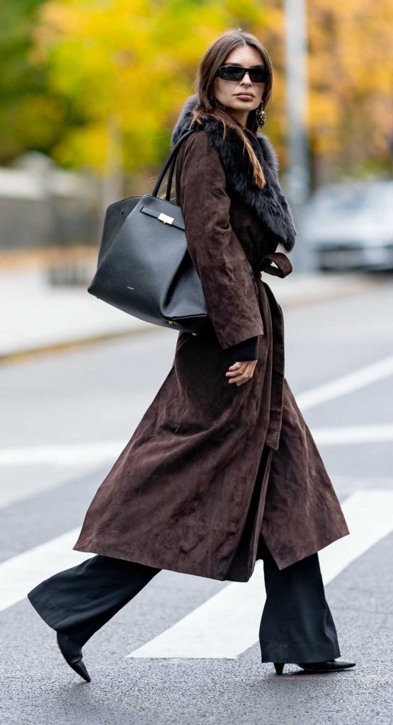 Emily Ratajkowski in a Brown Suede Coat