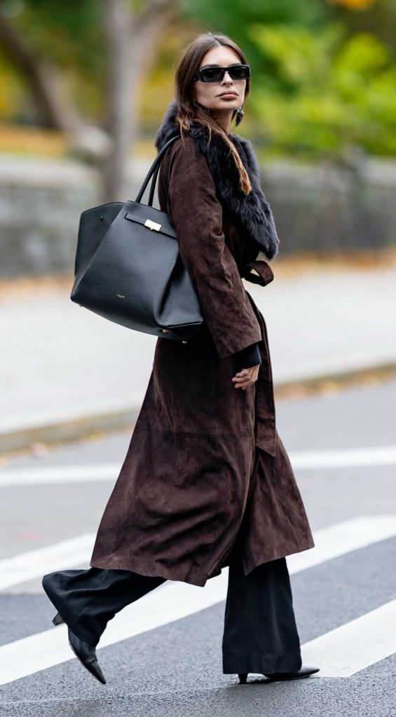 Emily Ratajkowski in a Brown Suede Coat