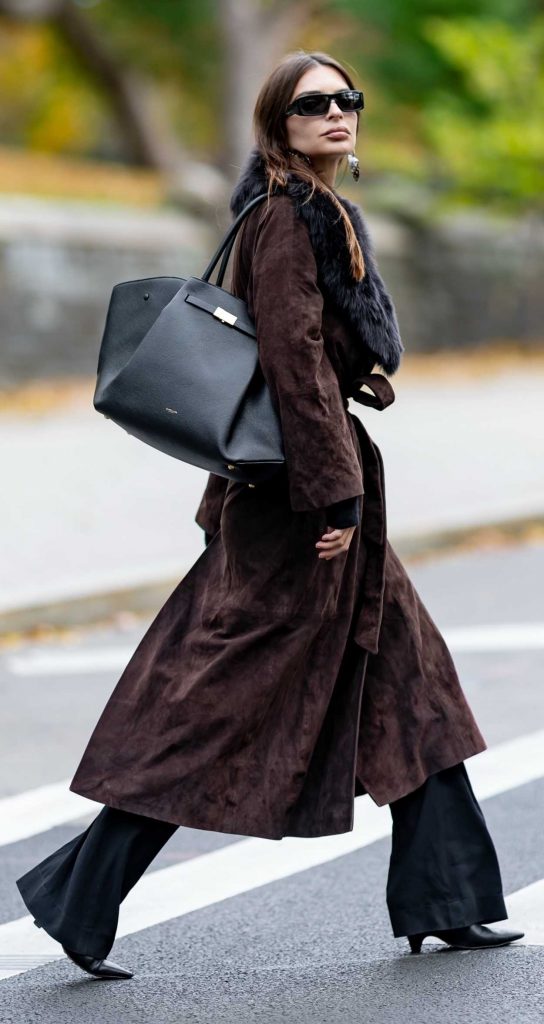 Emily Ratajkowski in a Brown Suede Coat