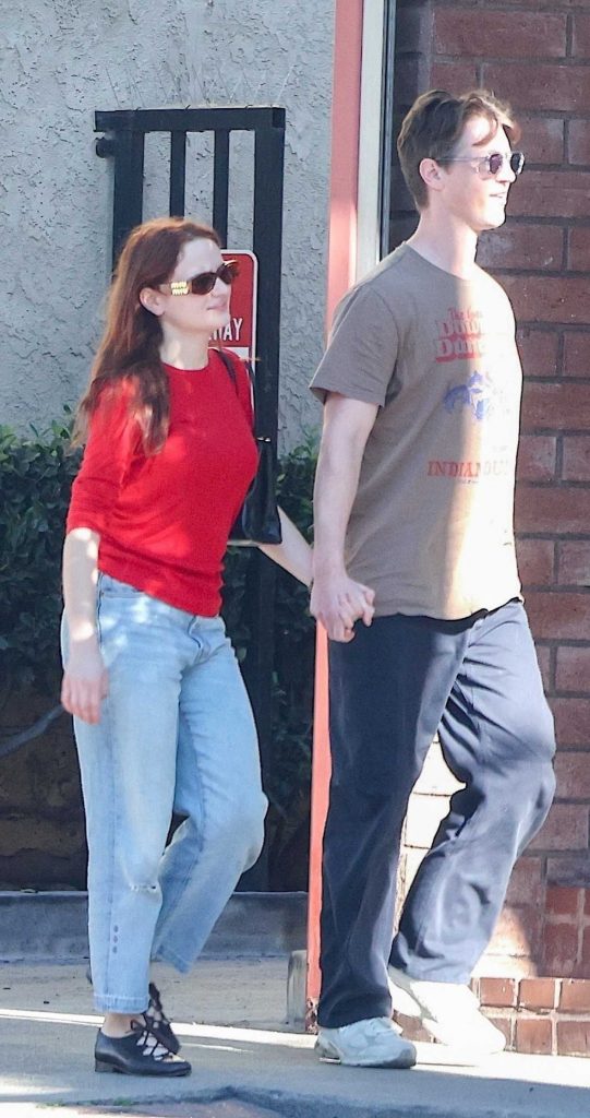 Joey King in a Red Long Sleeves T-Shirt