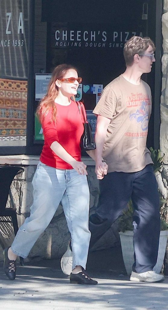 Joey King in a Red Long Sleeves T-Shirt