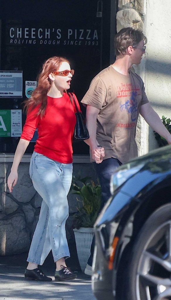 Joey King in a Red Long Sleeves T-Shirt