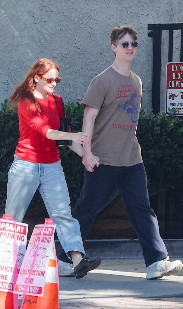Joey King in a Red Long Sleeves T-Shirt