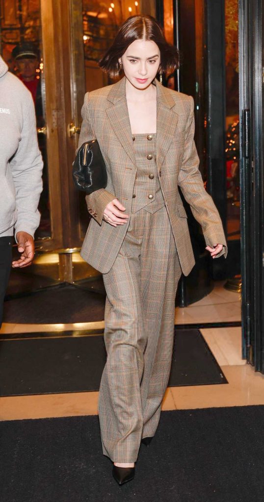 Lily Collins in a Tan Plaid Pantsuit