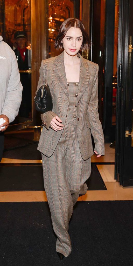 Lily Collins in a Tan Plaid Pantsuit