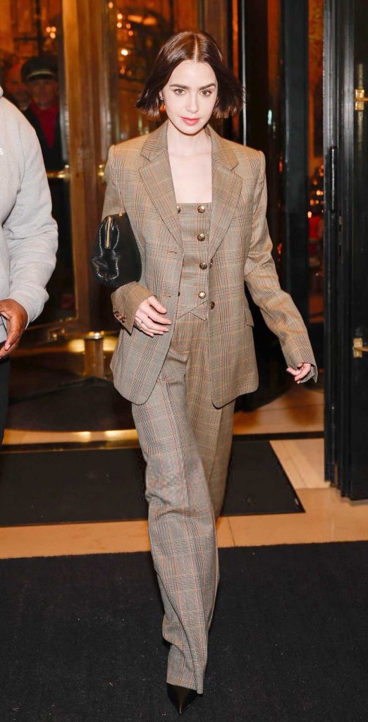 Lily Collins in a Tan Plaid Pantsuit