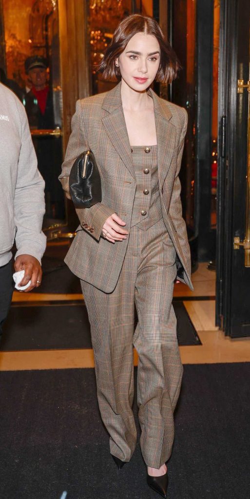 Lily Collins in a Tan Plaid Pantsuit