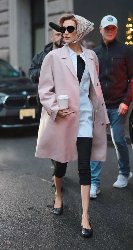 Bella Hadid in a Pink Prada Trench Coat