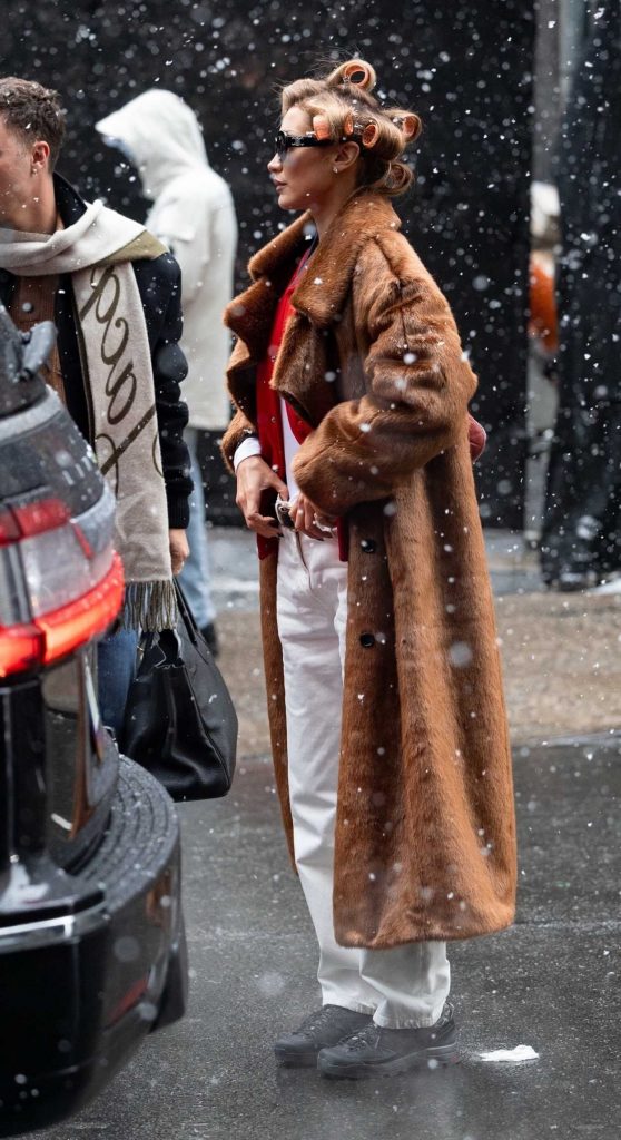 Bella Hadid in a Tan Fur Coat