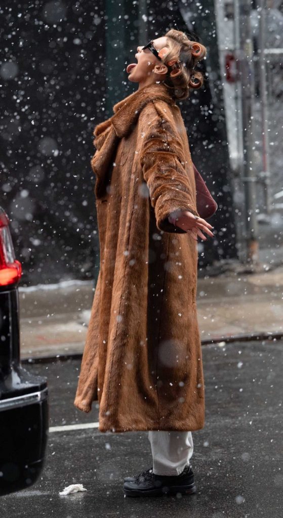 Bella Hadid in a Tan Fur Coat