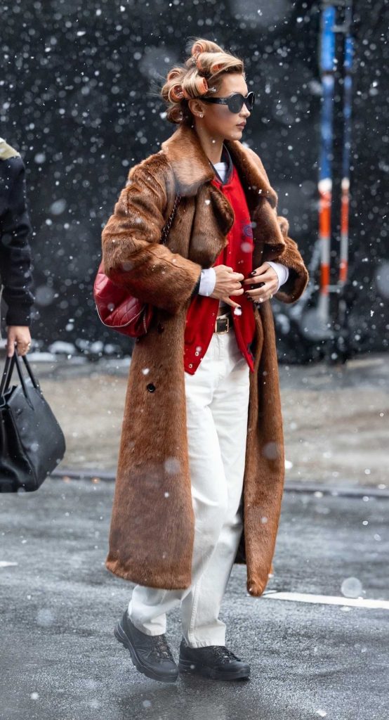 Bella Hadid in a Tan Fur Coat