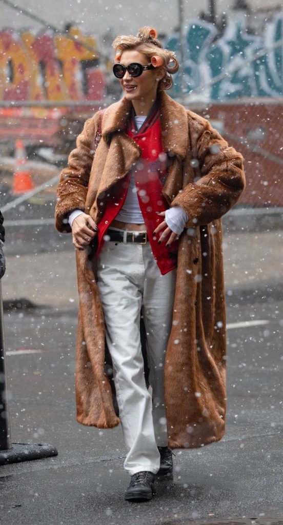 Bella Hadid in a Tan Fur Coat