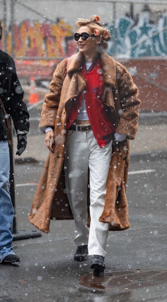 Bella Hadid in a Tan Fur Coat