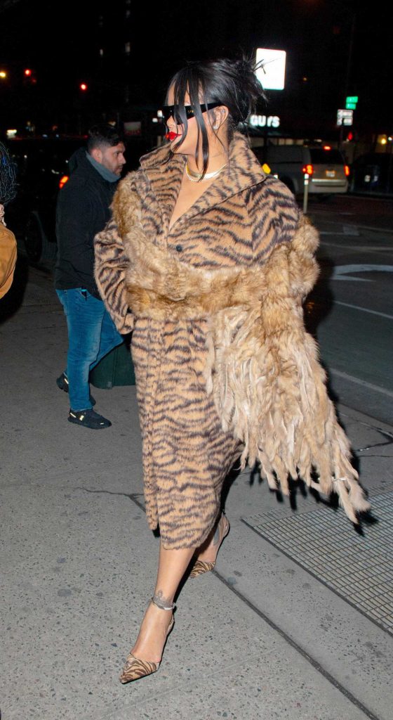 Rihanna in a Tan Animal Print Fur Coat