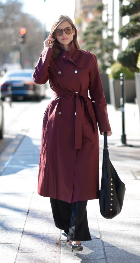 Barbara Palvin in a Burgundy Trench Coat